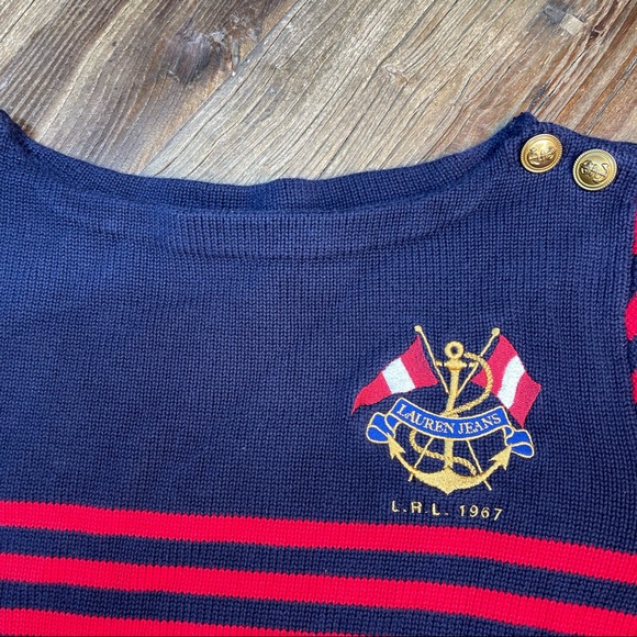 Ralph Lauren Sweater Striped Gold Buttons Nautical Crest Red Navy Blue Sz L - Picture 3 of 10